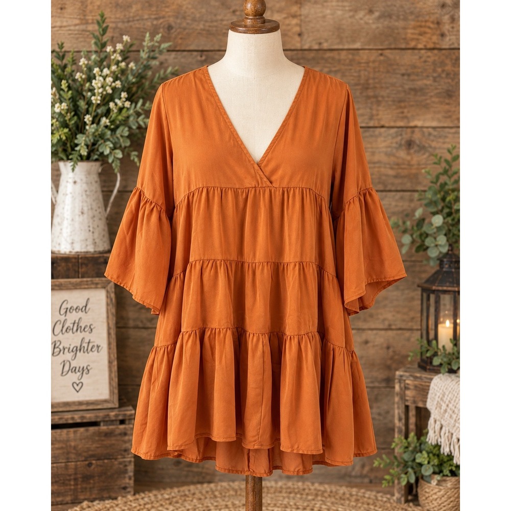 Glam Rust Orange Babydoll Dress Small Bell Sleeve Boho Festival Cottagecore